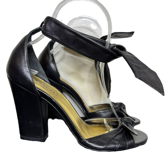 Coach Black Leather Peep-Toe Heels, Ankle Tie, 3.5" Block Heel, Size 6B - Picture 2 of 9